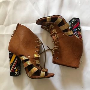 Chunky Heel Lace Up Aztec Booties